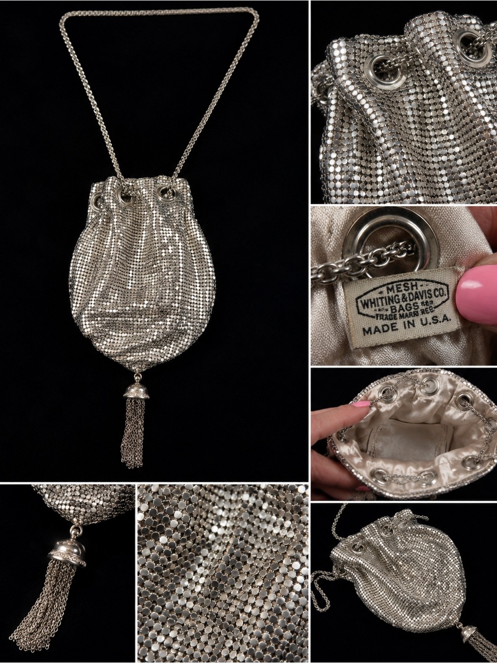Immaculate Vintage Whiting & Davis Silver Mesh Tassel Evening Bag
